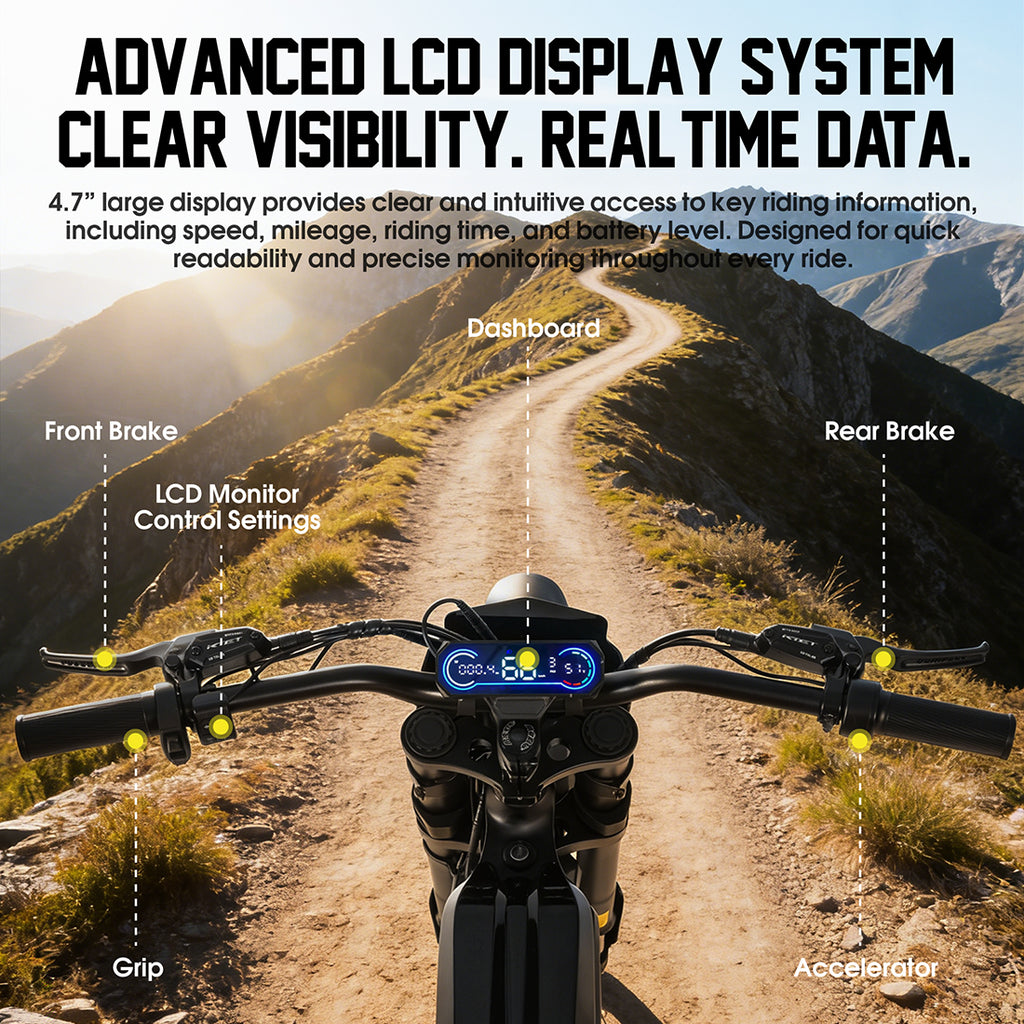 Motorcycle dashboard with LCD display on a mountain road, highlighting features like speed, mileage, and battery level.