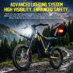 Motorcycle on a mountain road with text about advanced lighting system