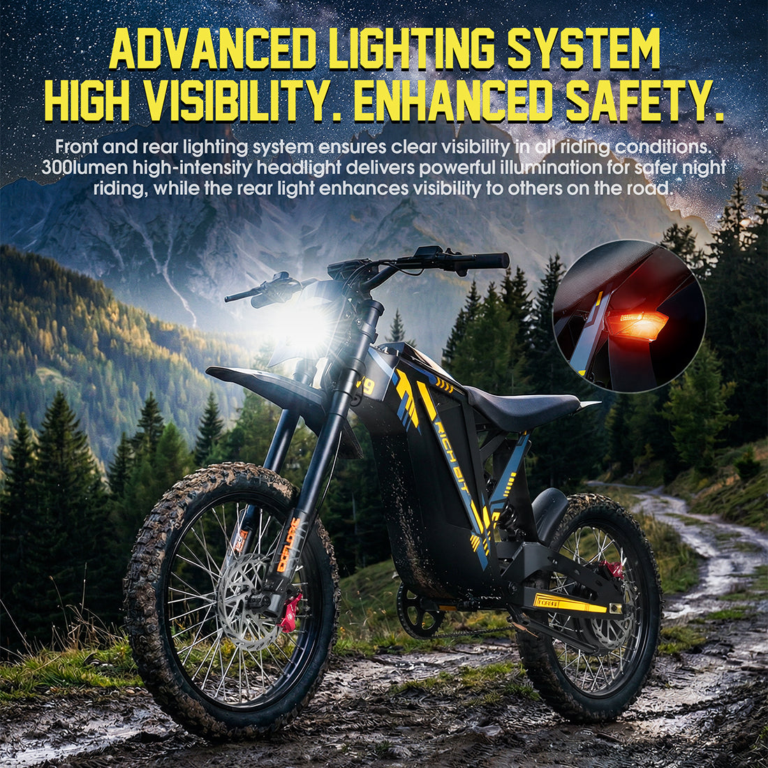 Motorcycle on a mountain road with text about advanced lighting system