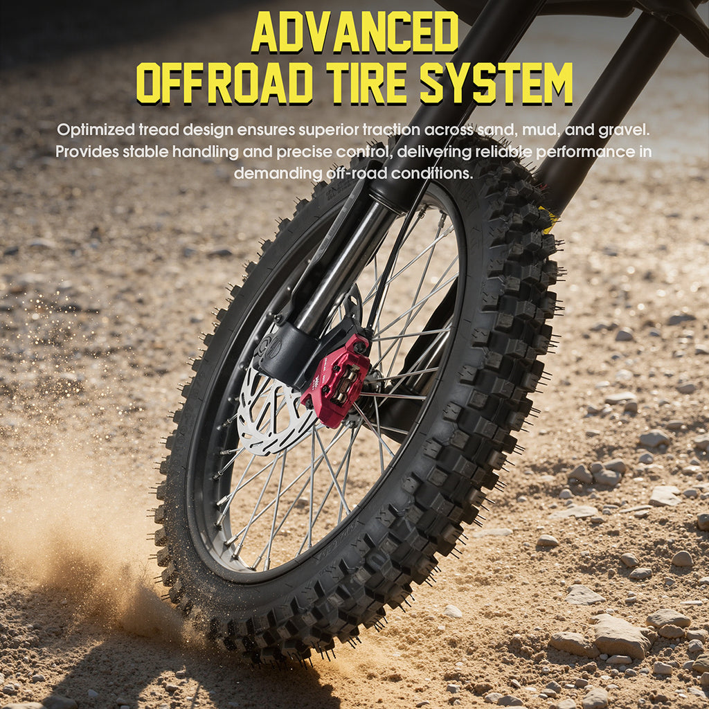 Off-road tire system on a dirt surface with text about advanced off-road tire performance.