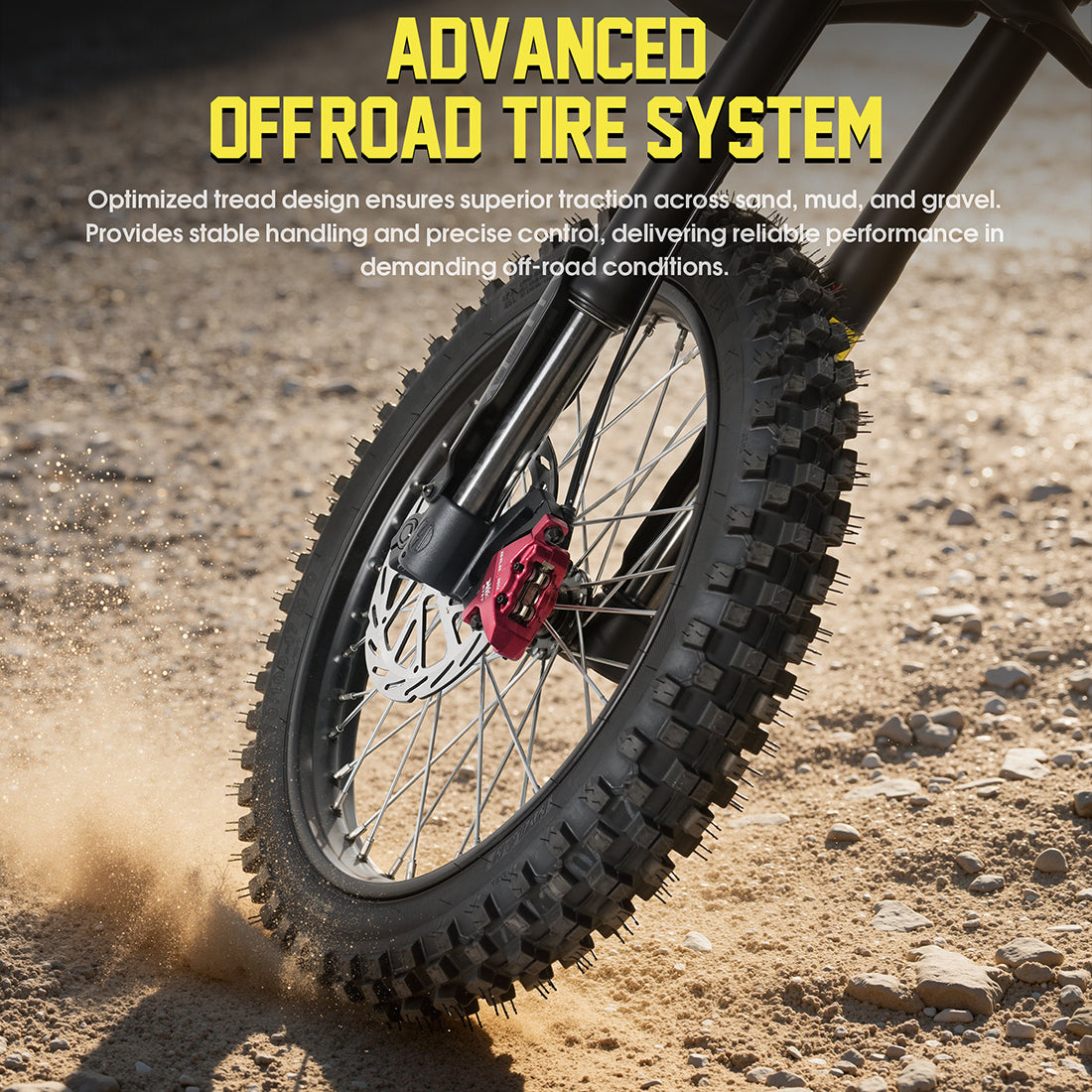 Off-road tire system on a dirt surface with text about advanced off-road tire performance.