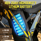 Electric bike with a visible battery pack labeled '48V 20AH HighDensity Lithium Battery' and range indicators.