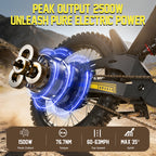 Motorcycle engine with glowing blue components and text about peak output and electric power.