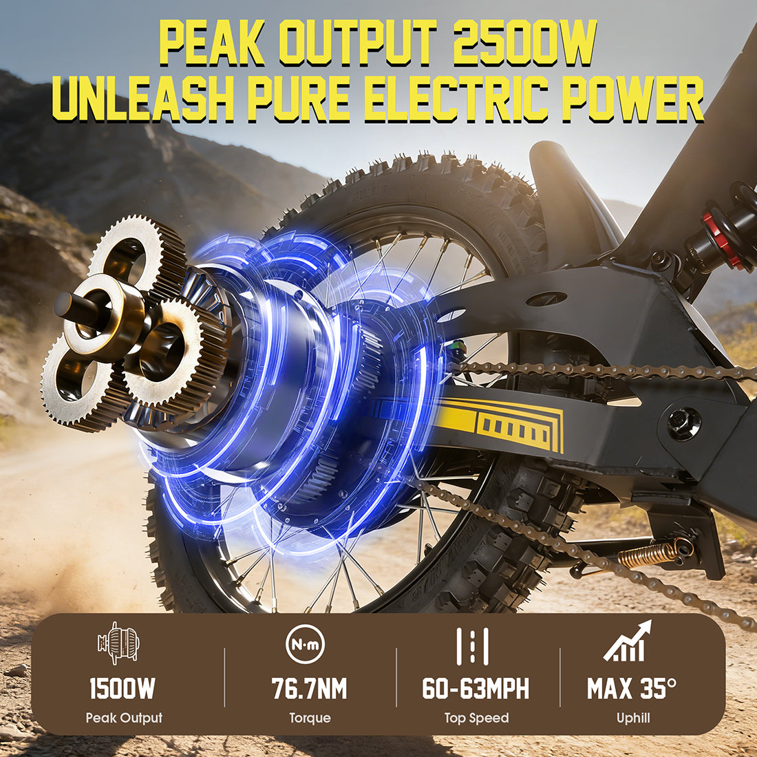 Motorcycle engine with glowing blue components and text about peak output and electric power.