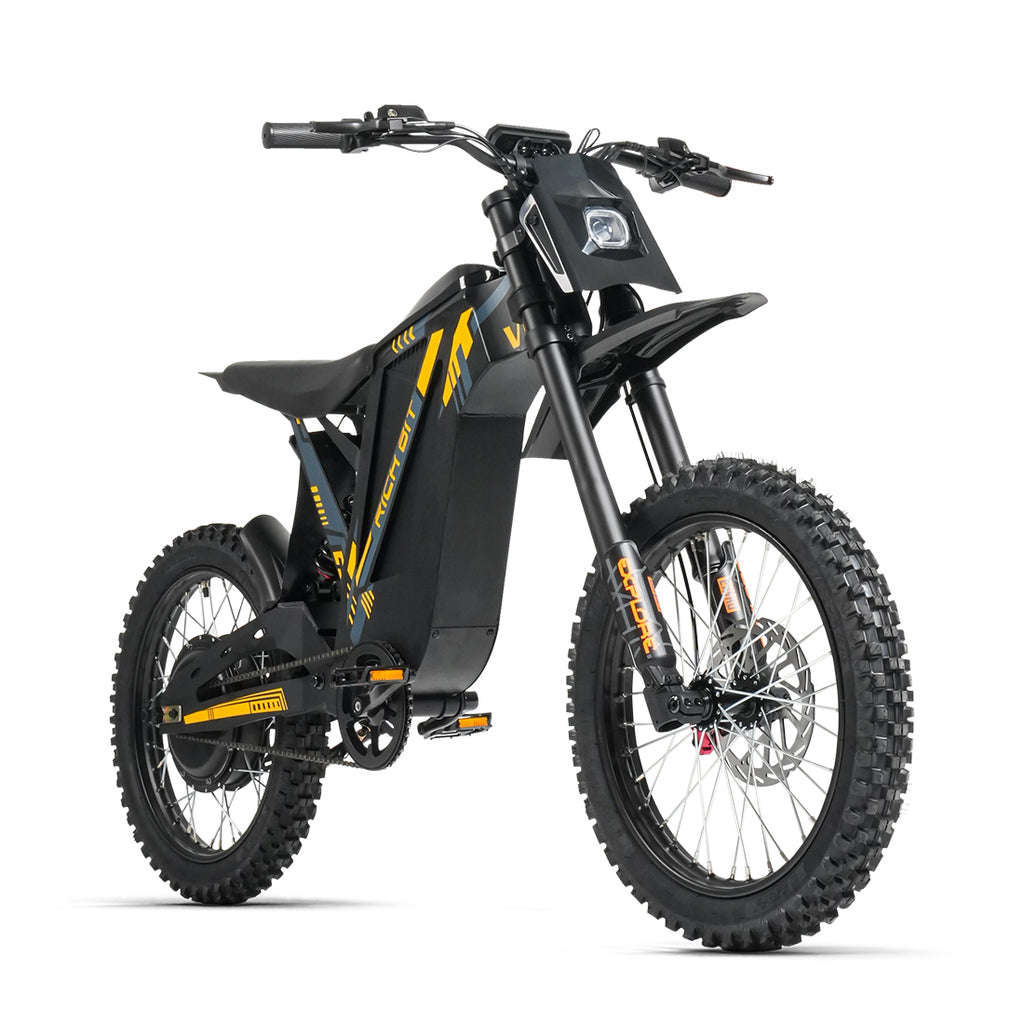 Black electric bike with yellow accents on a white background