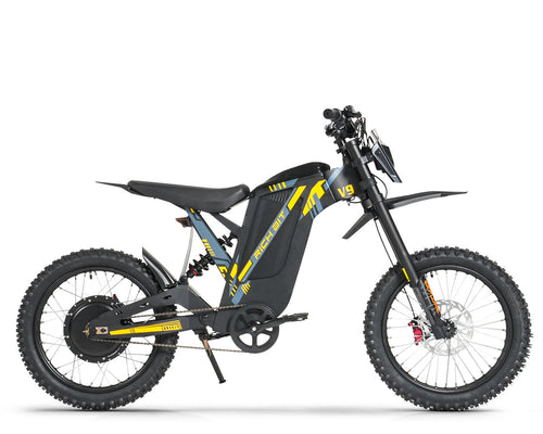 Black electric bike with yellow accents on a white background