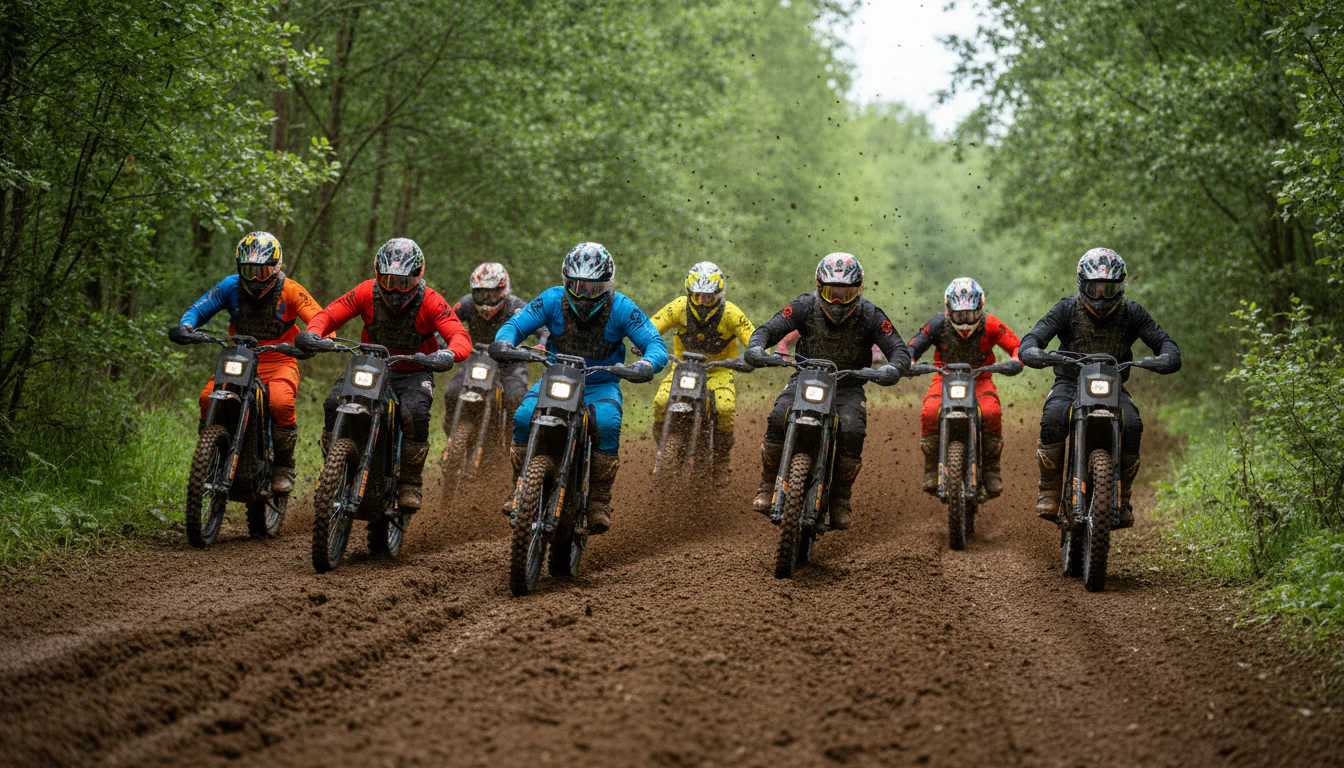 Group of dirt bikers on a trail in a forest
