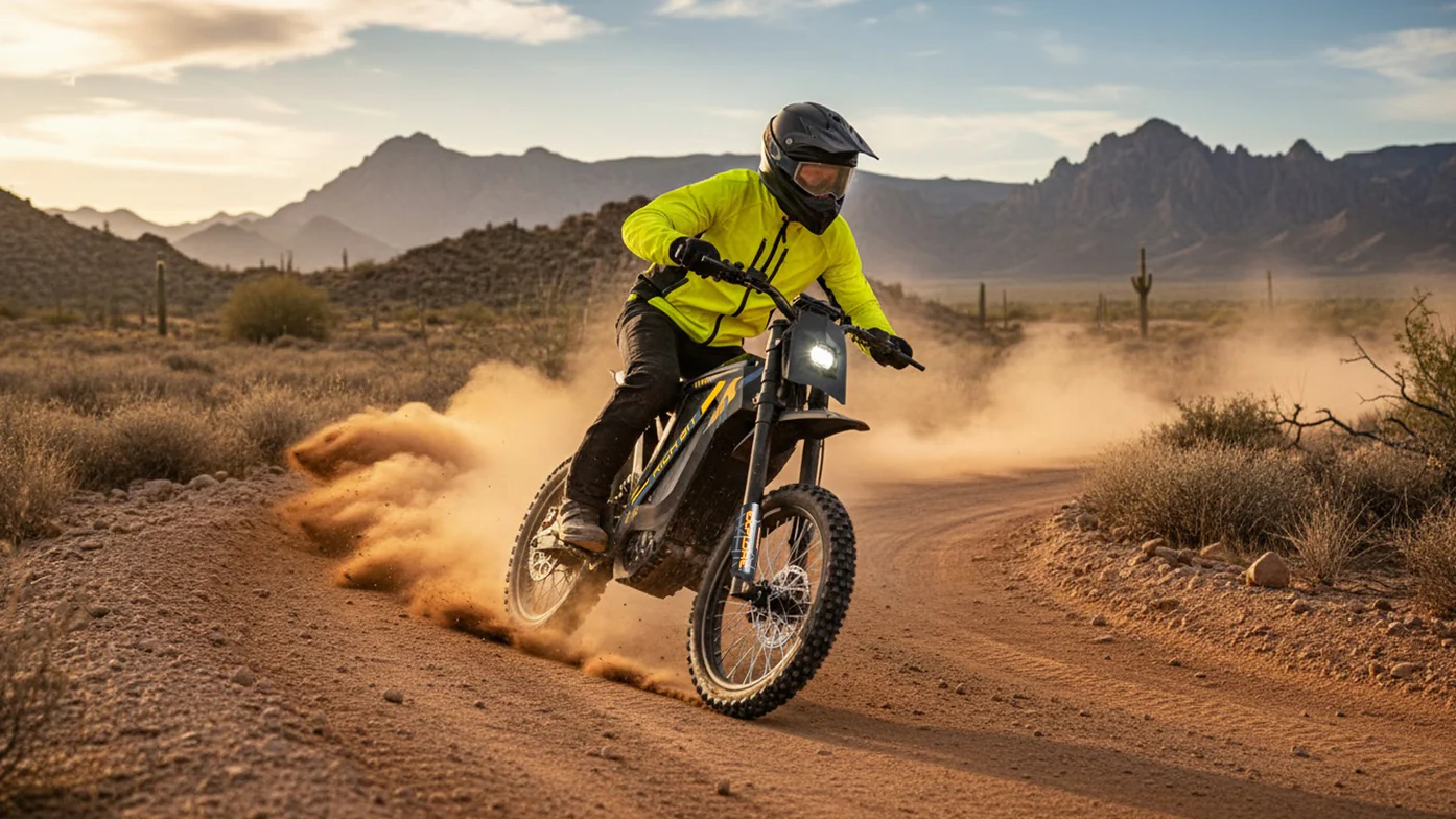 Person riding a dirt bike on a desert road with mountains in the background