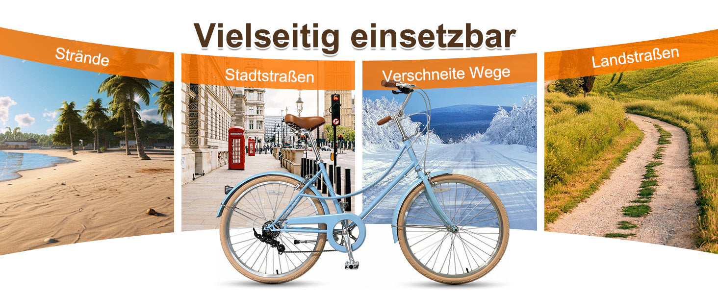 Blue bicycle displayed with scenes of beach, city streets, and rural roads on a banner.