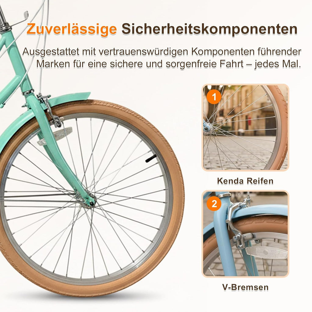 Teal bicycle with Kenda tires and V-brakes, German text about safety components.