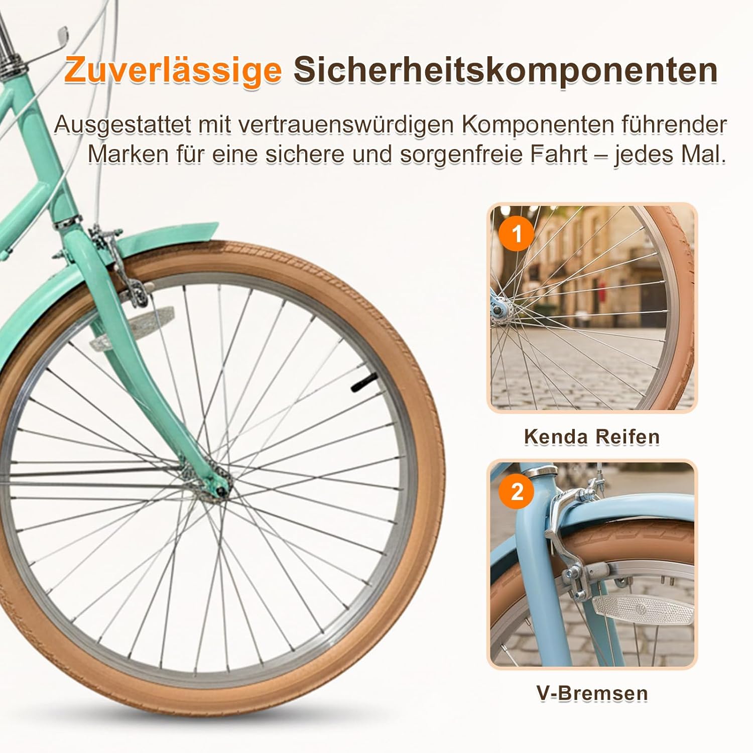 Teal bicycle with Kenda tires and V-brakes, German text about safety components.