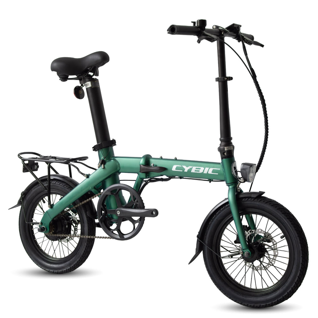 BANANA 16" kompaktes E-Klapprad (CYBIC), grüner Klapprahmen, mit Schutzblechen und Sattelhöcker