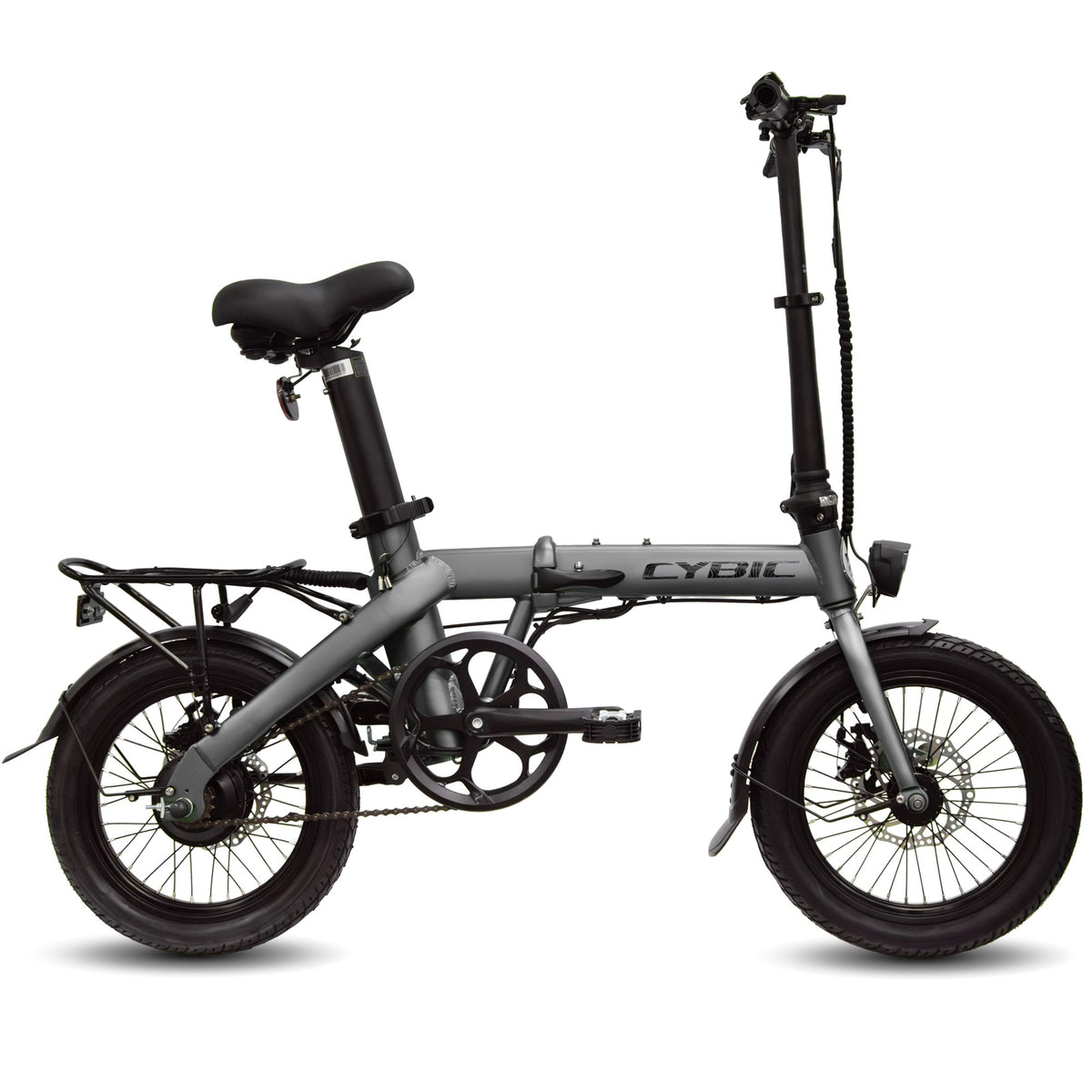 BANANA 16" kompakt klappbares E-Fahrrad, Seitenansicht mit schwarzem Sattel, dunkelgrauer Rahmen