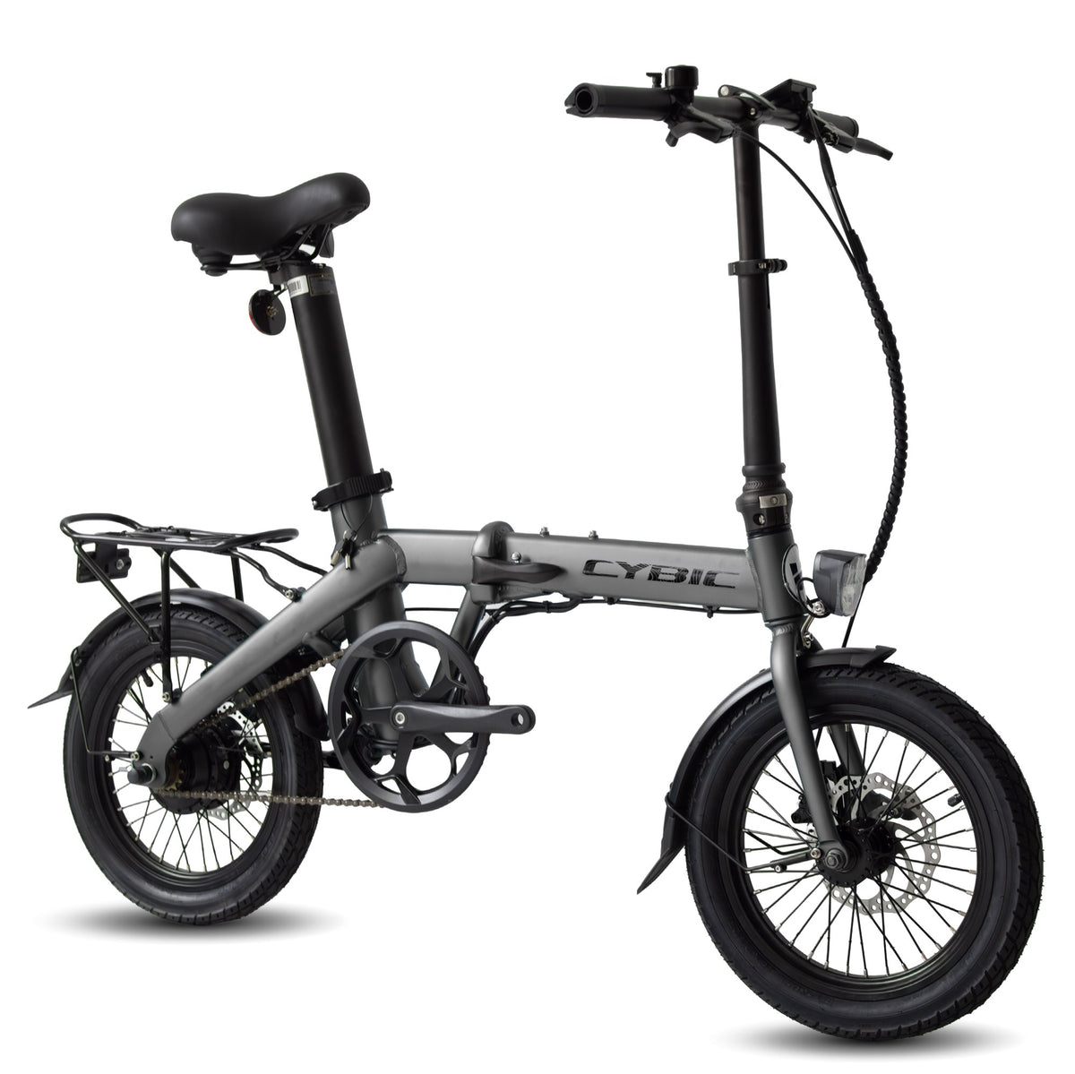 BANANA 16" kompaktes E-Klapprad (CYBIC), grau/schwarzer Klapprahmen, Schutzbleche und Sattelhöcker